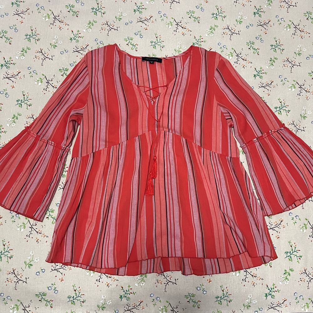 Sanctuary Flare Blouse Cotton Stripe Tassel Small Red Pink Boho Vacation Sheer
